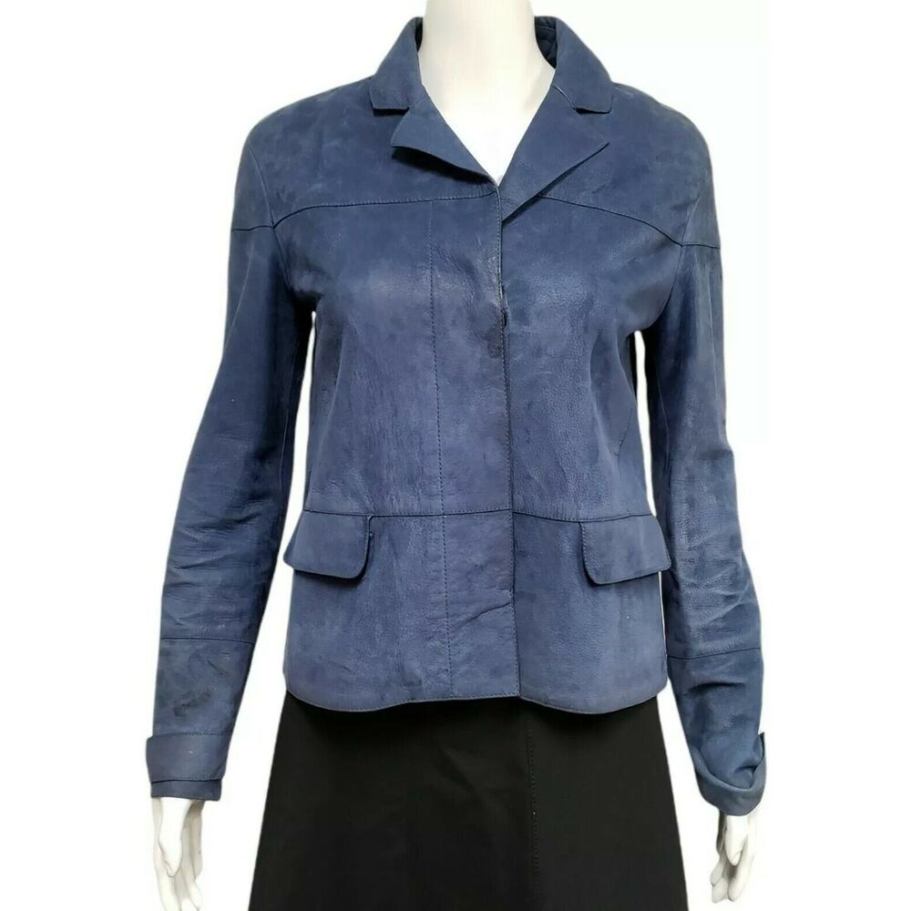 BURBERRY BRIT Womens Blue Denim 100% Calf Leather Suede Jacket Blazer 2 Small